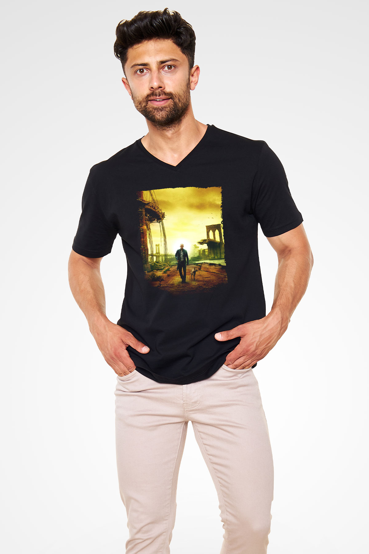 Unisex Ben Efsaneyim (I Am Legend) Baskılı Siyah V Yaka Tshirt