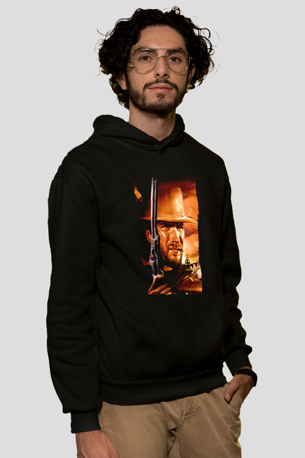 Unisex Bir Avuç Dolar (A Fistful of Dollars) Baskılı Siyah Kapüşonlu Sweatshirt