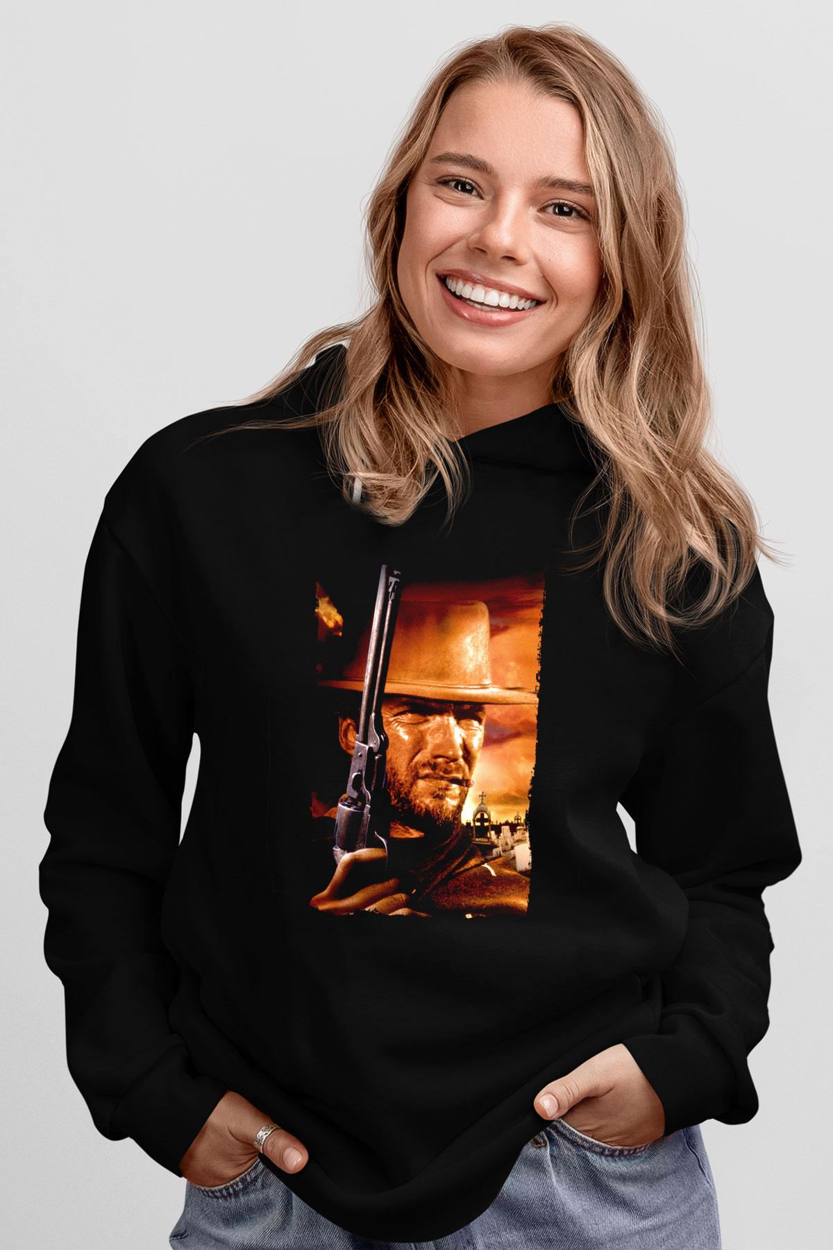 Unisex Bir Avuç Dolar (A Fistful of Dollars) Baskılı Siyah Kapüşonlu Sweatshirt