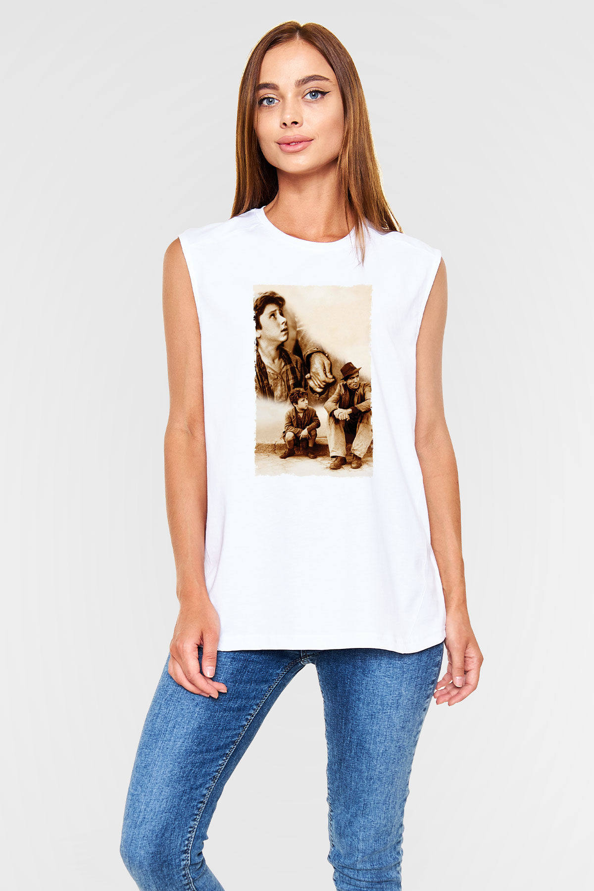 Unisex Bisiklet Hırsızları - Bicycle Thieves Baskılı Beyaz Kolsuz Tshirt