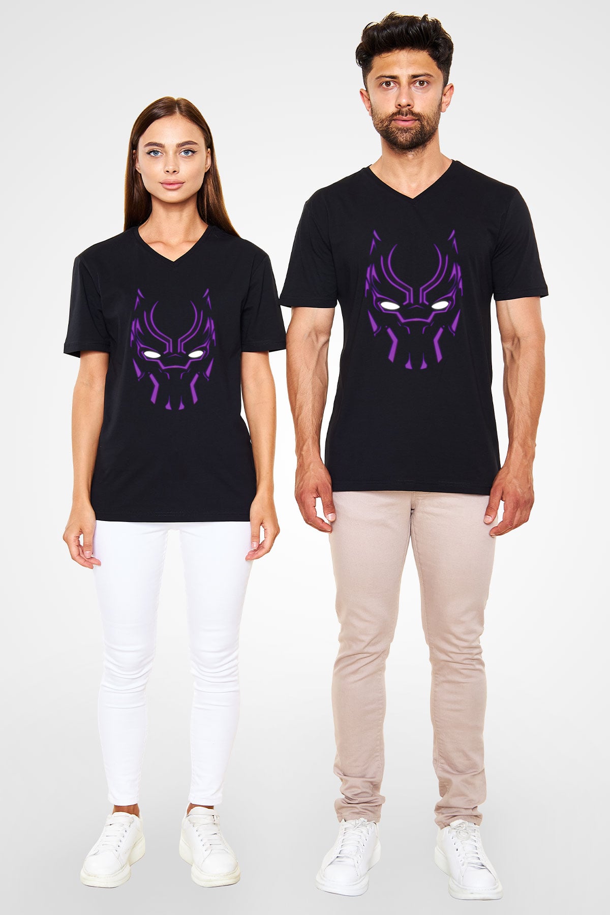 Unisex Black Panther Baskılı Siyah V Yaka Tshirt
