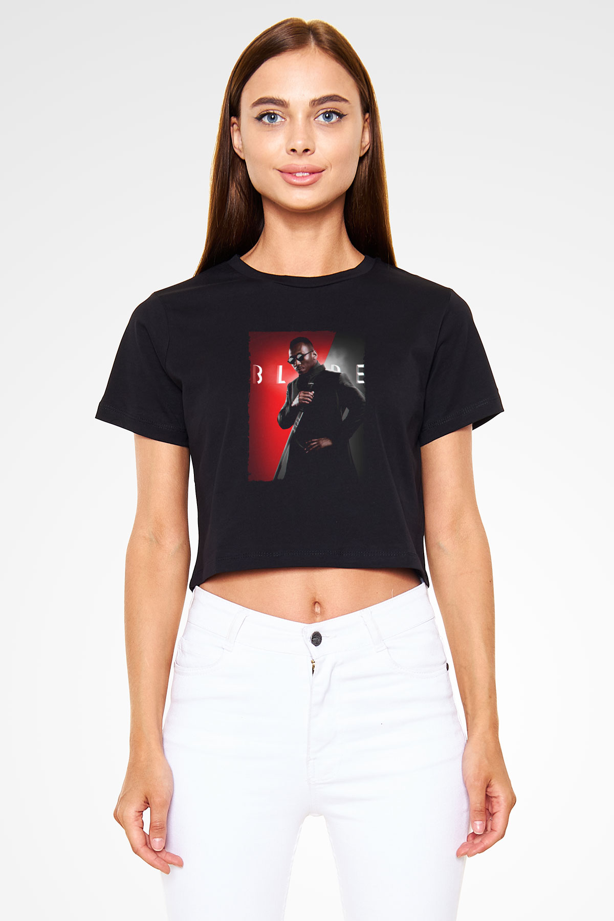 Unisex Blade Baskılı Siyah Crop Top T-shirt