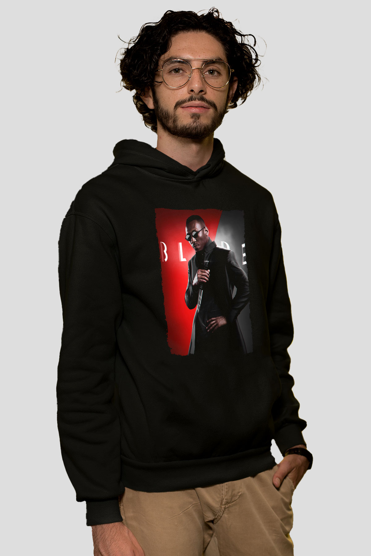 Unisex Blade Baskılı Siyah Kapüşonlu Sweatshirt