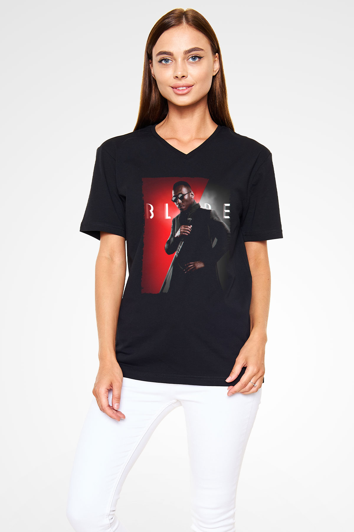 Unisex Blade Baskılı Siyah V Yaka T-shirt