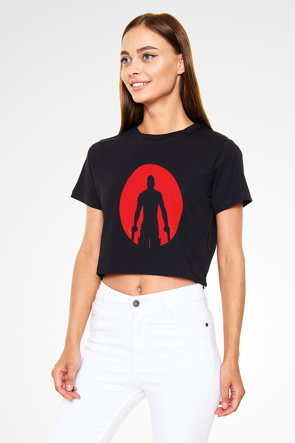 Unisex Bloodshot Baskılı Siyah Crop Top Tişört