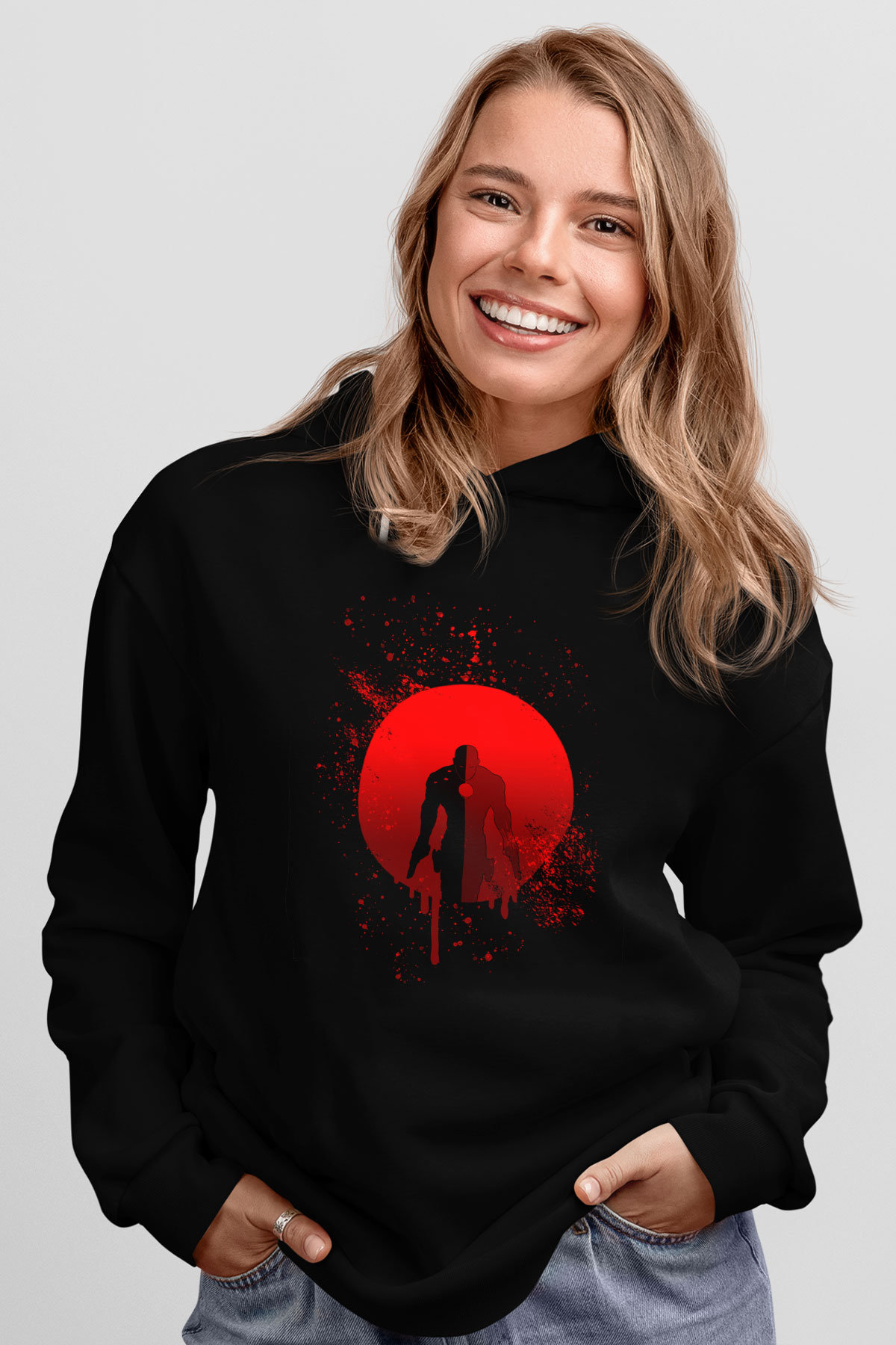 Unisex Bloodshot Baskılı Siyah Kapüşonlu Sweatshirt