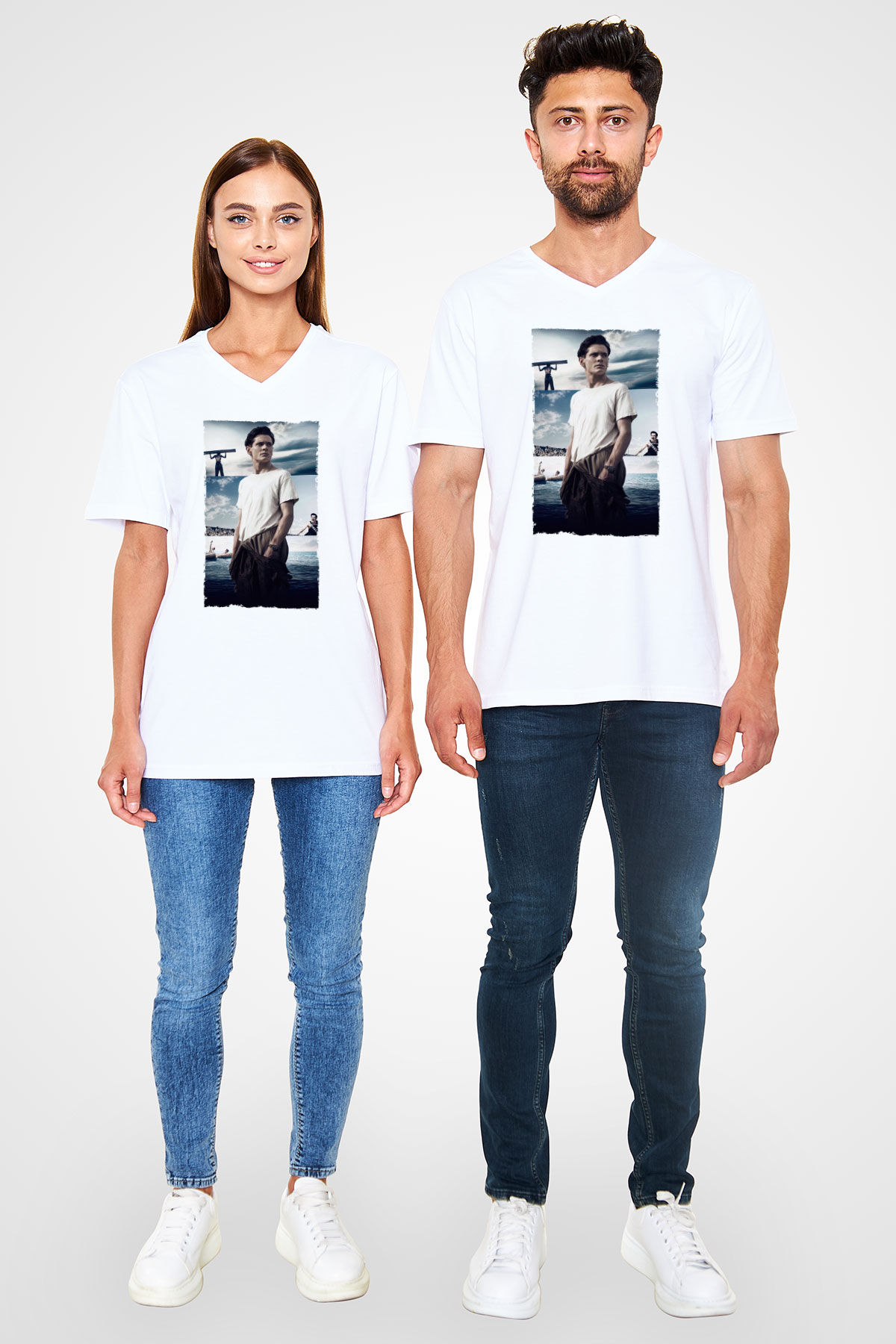 Unisex Boyun Eğmez (Unbroken) Baskılı Beyaz V Yaka T-shirt