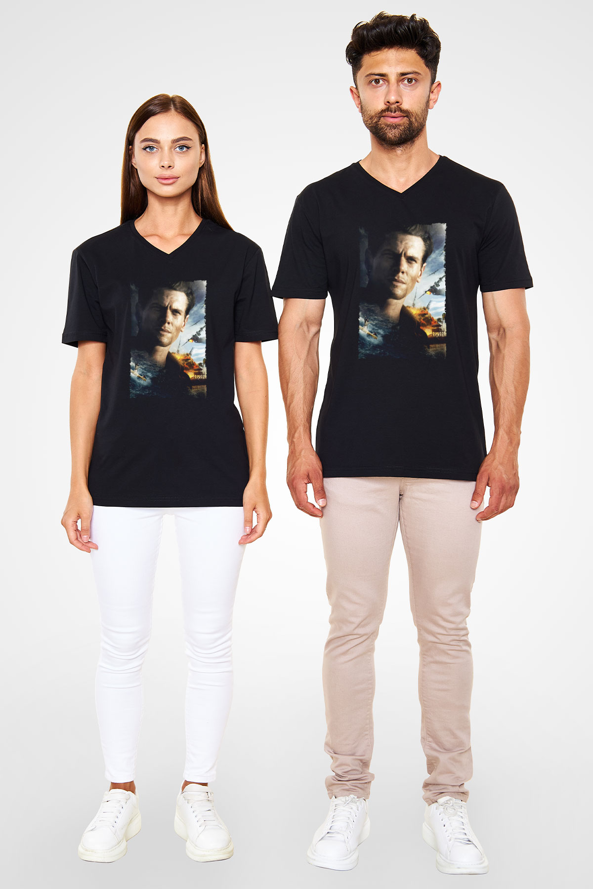 Unisex Boyun Eğmez (Unbroken) Baskılı Siyah V Yaka T-shirt