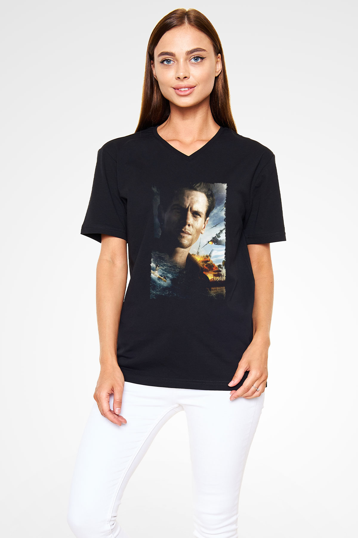 Unisex Boyun Eğmez (Unbroken) Baskılı Siyah V Yaka T-shirt