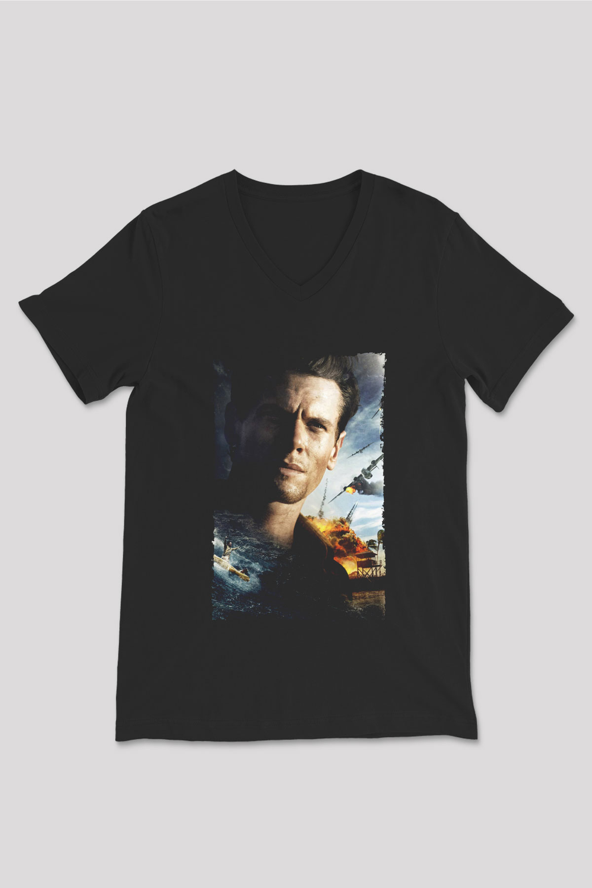 Unisex Boyun Eğmez (Unbroken) Baskılı Siyah V Yaka T-shirt
