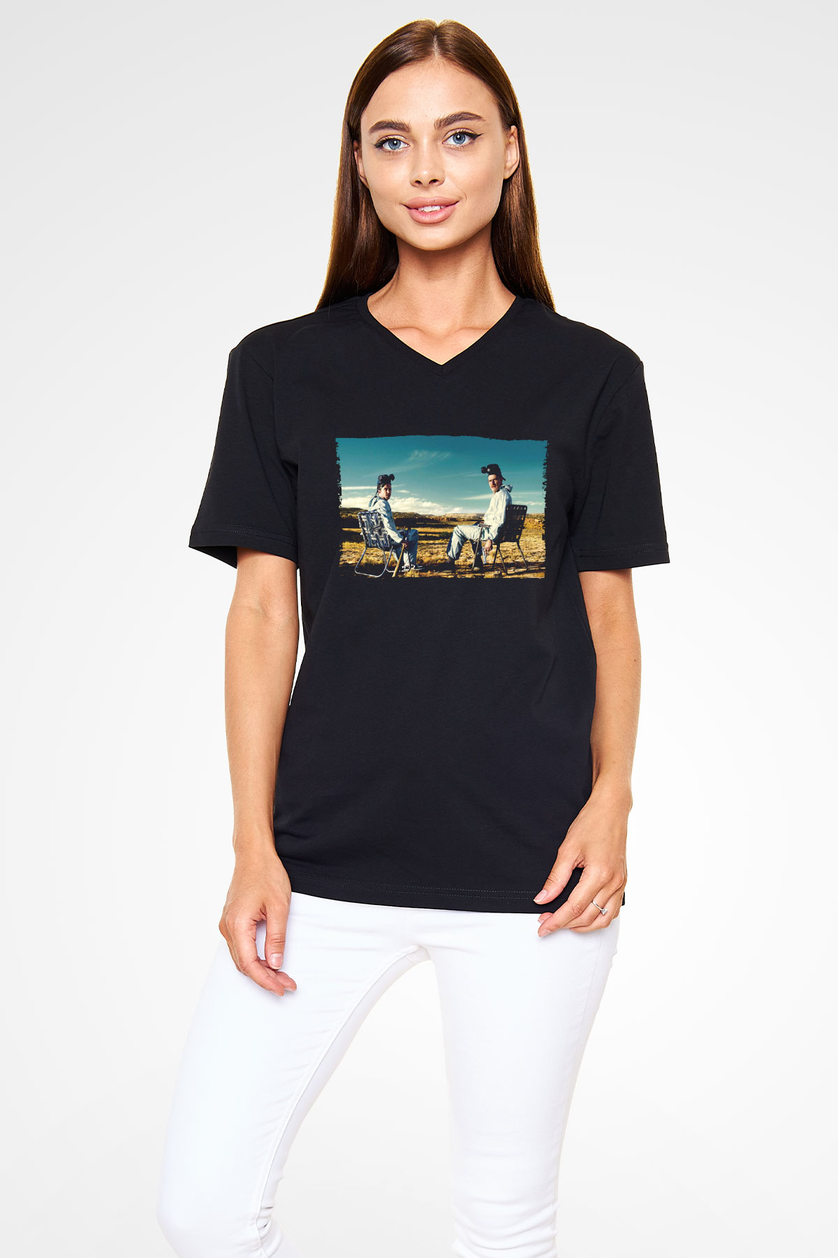 Unisex Breaking Bad Baskılı Siyah V Yaka Tişört