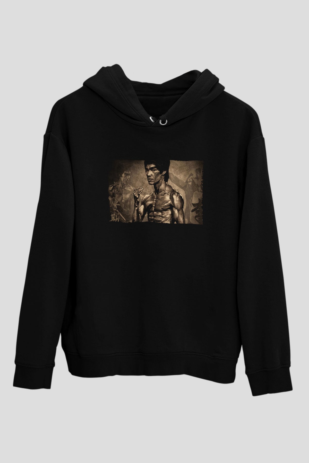 Unisex Bruce Lee Baskılı Siyah Kapüşonlu Sweatshirt