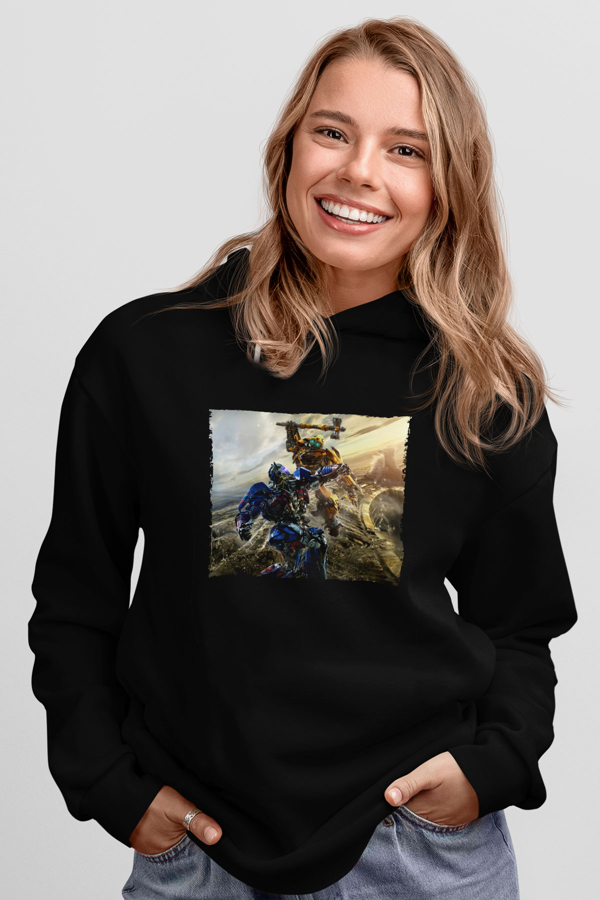 Unisex Bumblebee Baskılı Siyah Kapüşonlu Sweatshirt