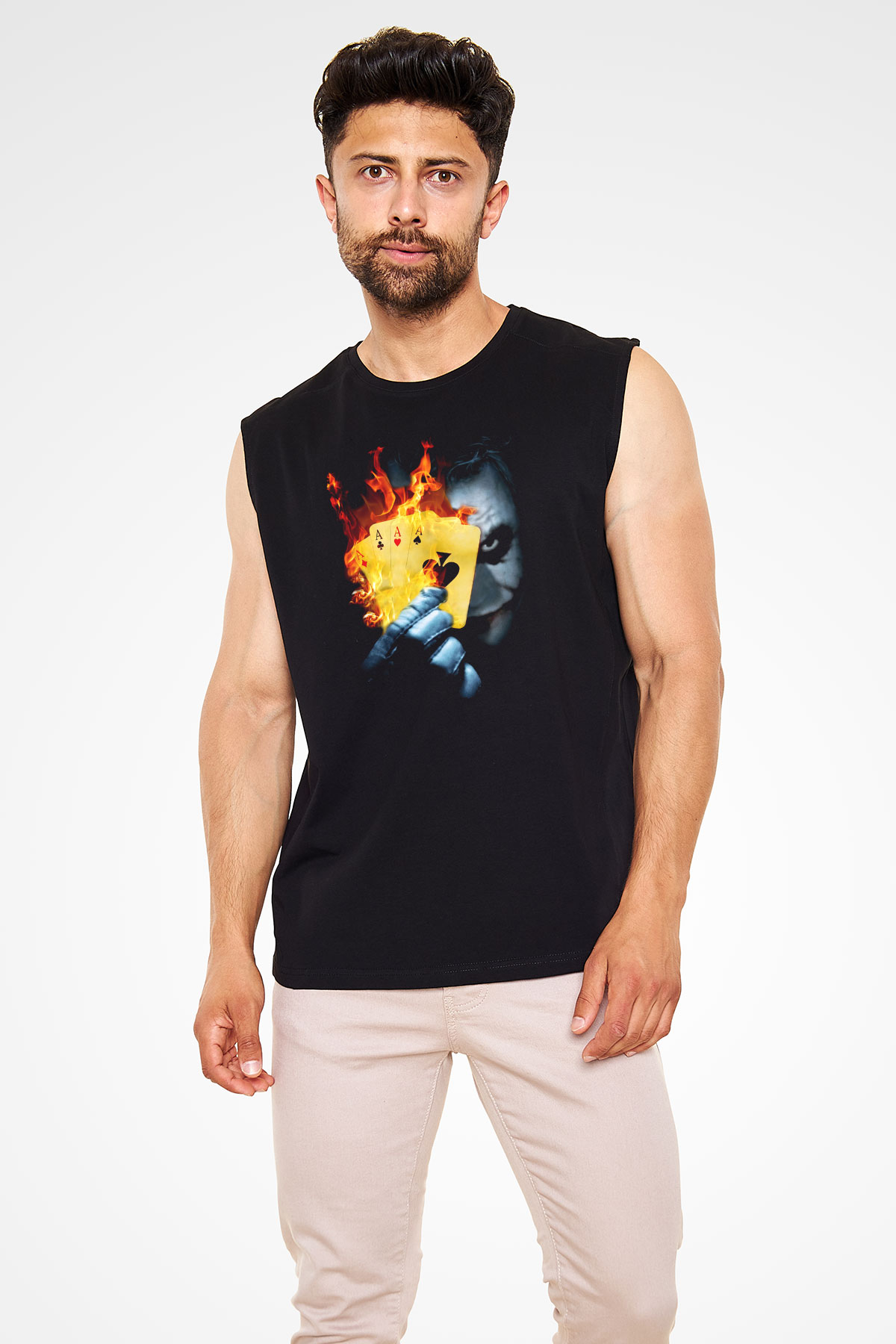 Unisex Burning Poker Joker Baskılı Siyah Kolsuz T-shirt
