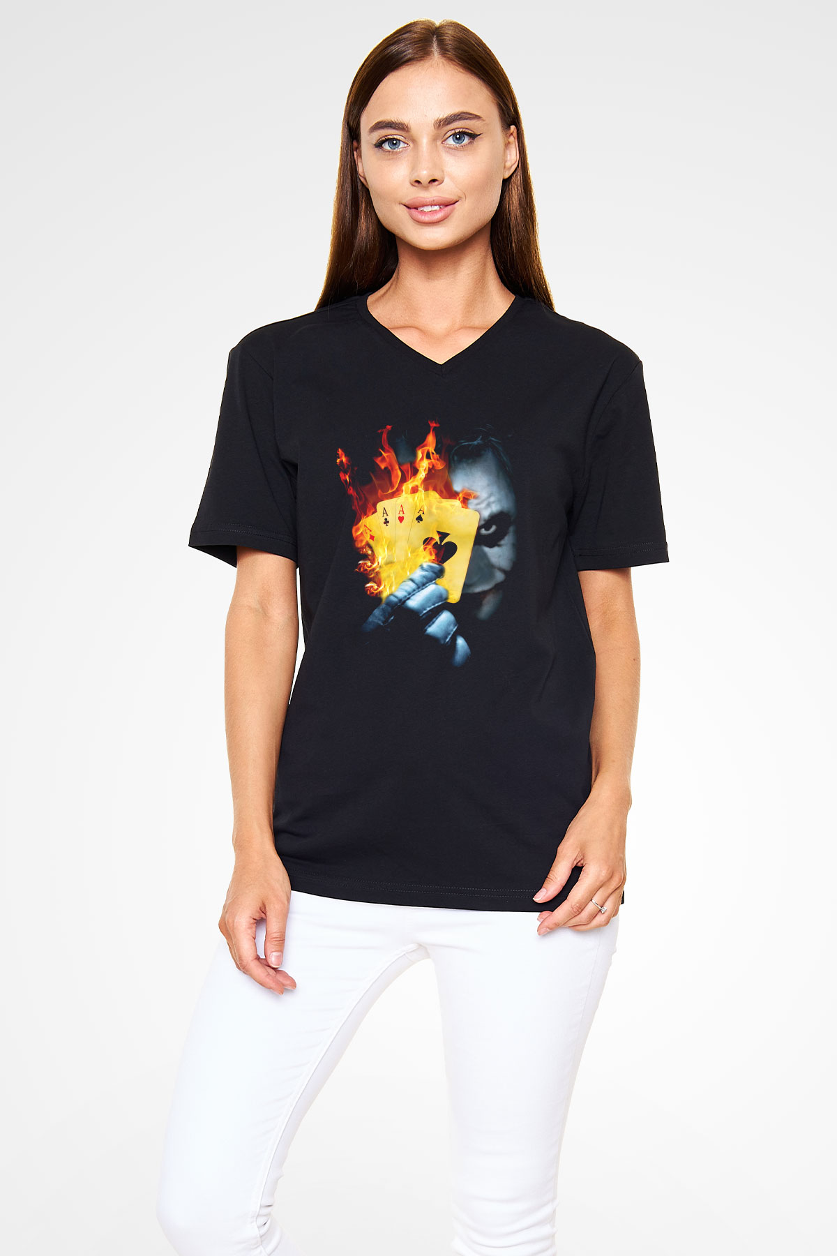 Unisex Burning Poker Joker Baskılı Siyah V Yaka T-shirt