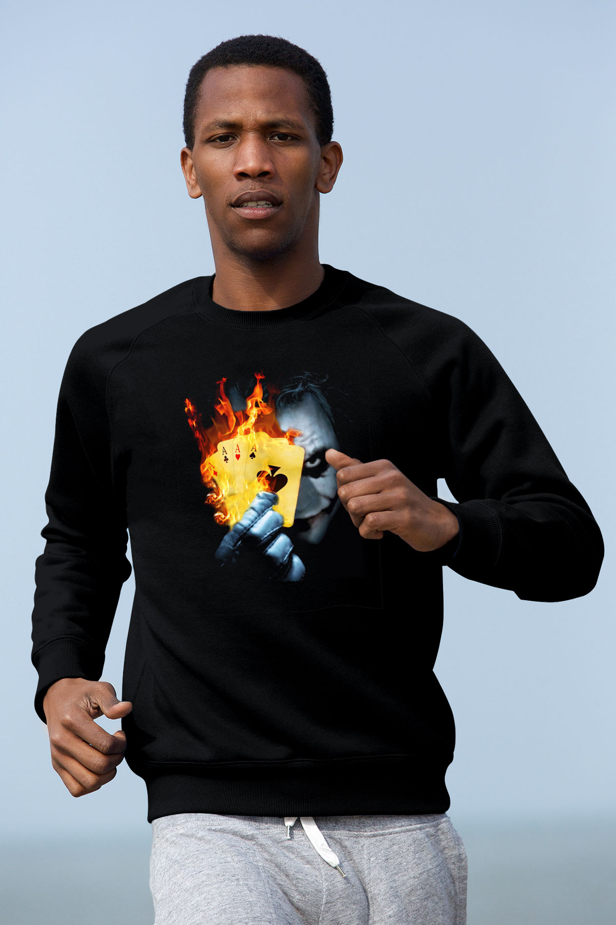 Unisex Burning Poker Joker Baskılı Siyah Sweatshirt