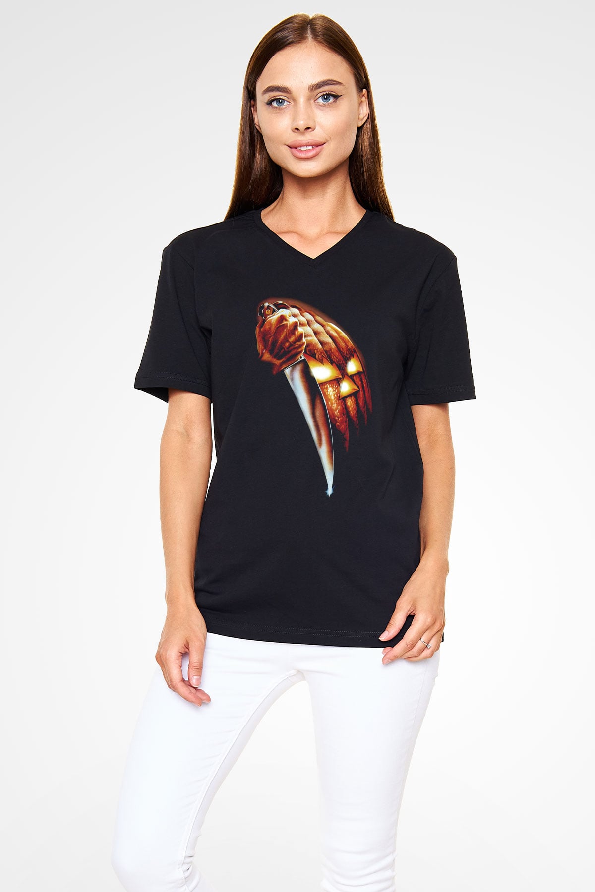 Unisex Cadılar Bayramı (Halloween) Baskılı Siyah V Yaka Tshirt