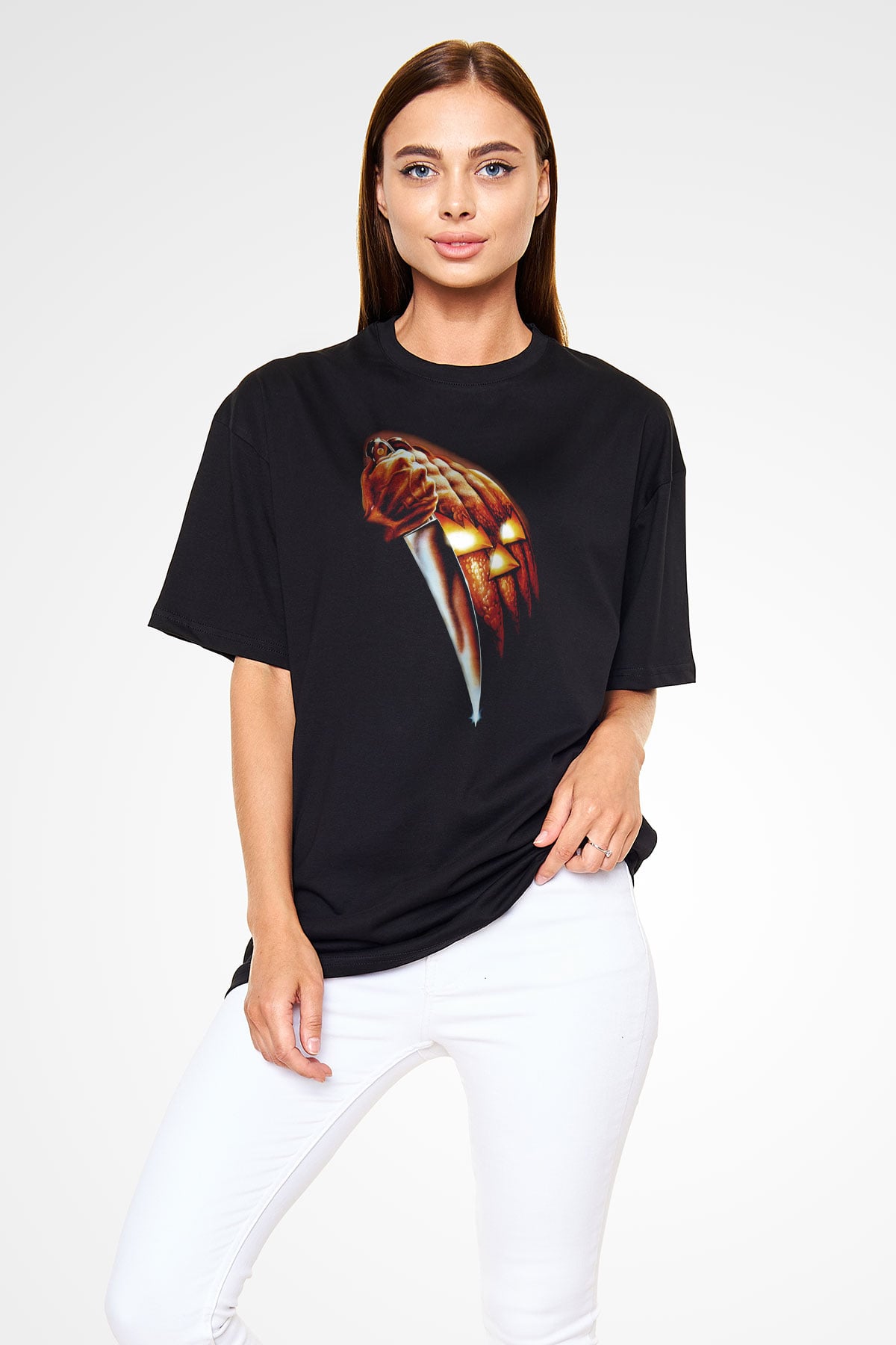 Unisex Cadılar Bayramı (Halloween) Baskılı Siyah Oversize Tshirt