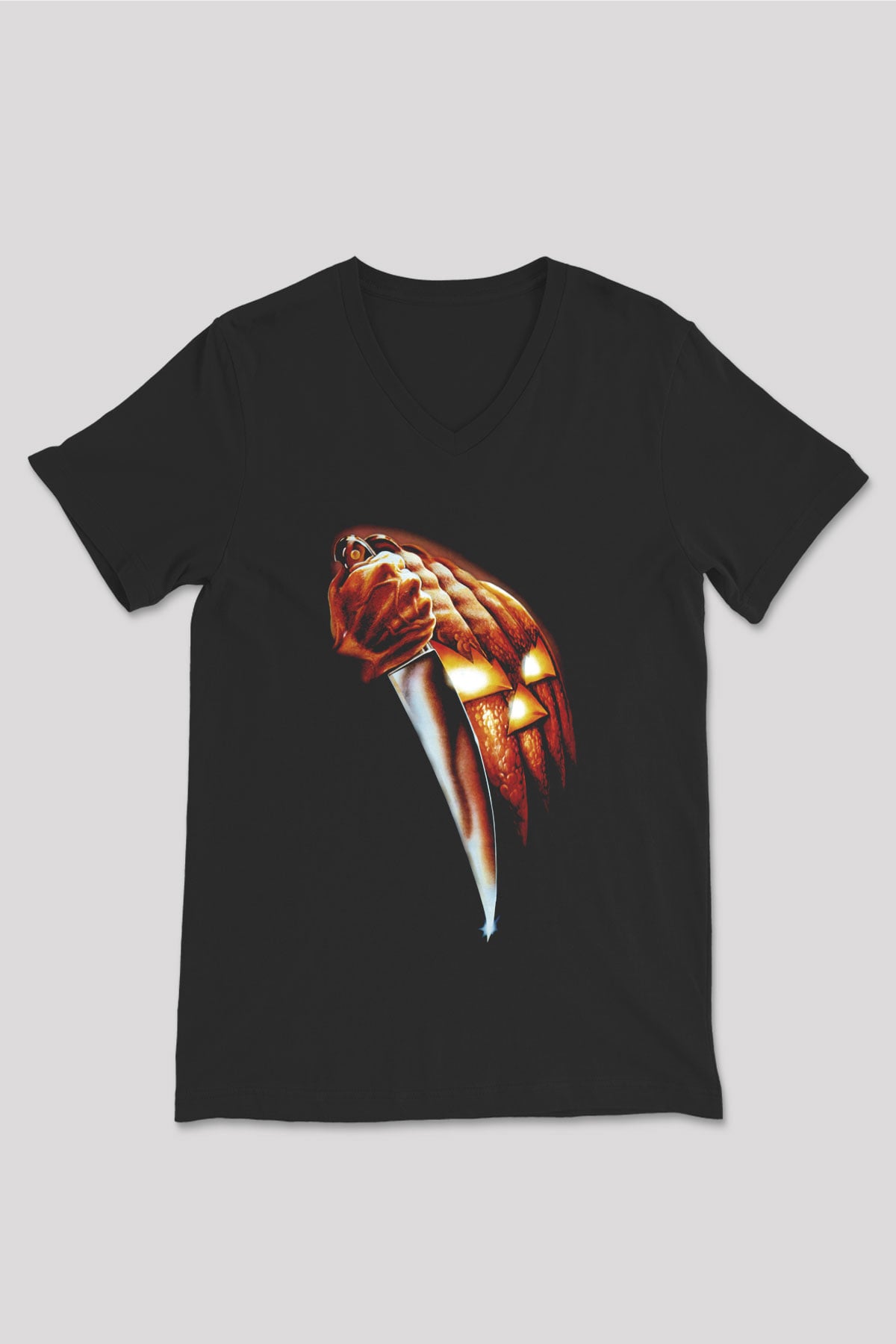 Unisex Cadılar Bayramı (Halloween) Baskılı Siyah V Yaka Tshirt