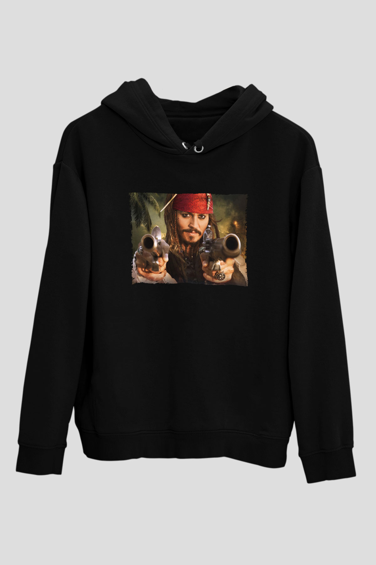 Unisex Captain Jack Sparrow Baskılı Siyah Kapüşonlu Sweatshirt