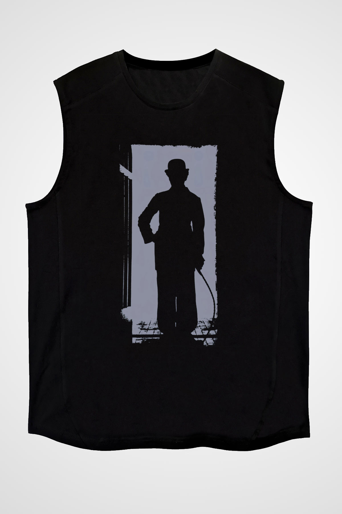 Unisex Charlie Chaplin Baskılı Siyah Kolsuz T-shirt