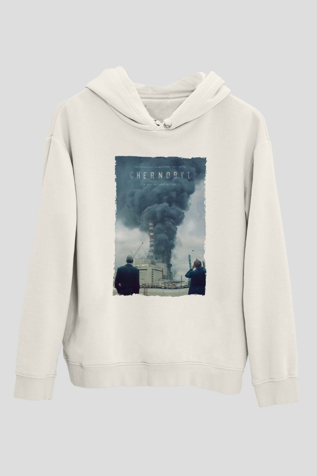 Unisex Chernobyl Baskılı Beyaz Kapüşonlu Sweatshirt