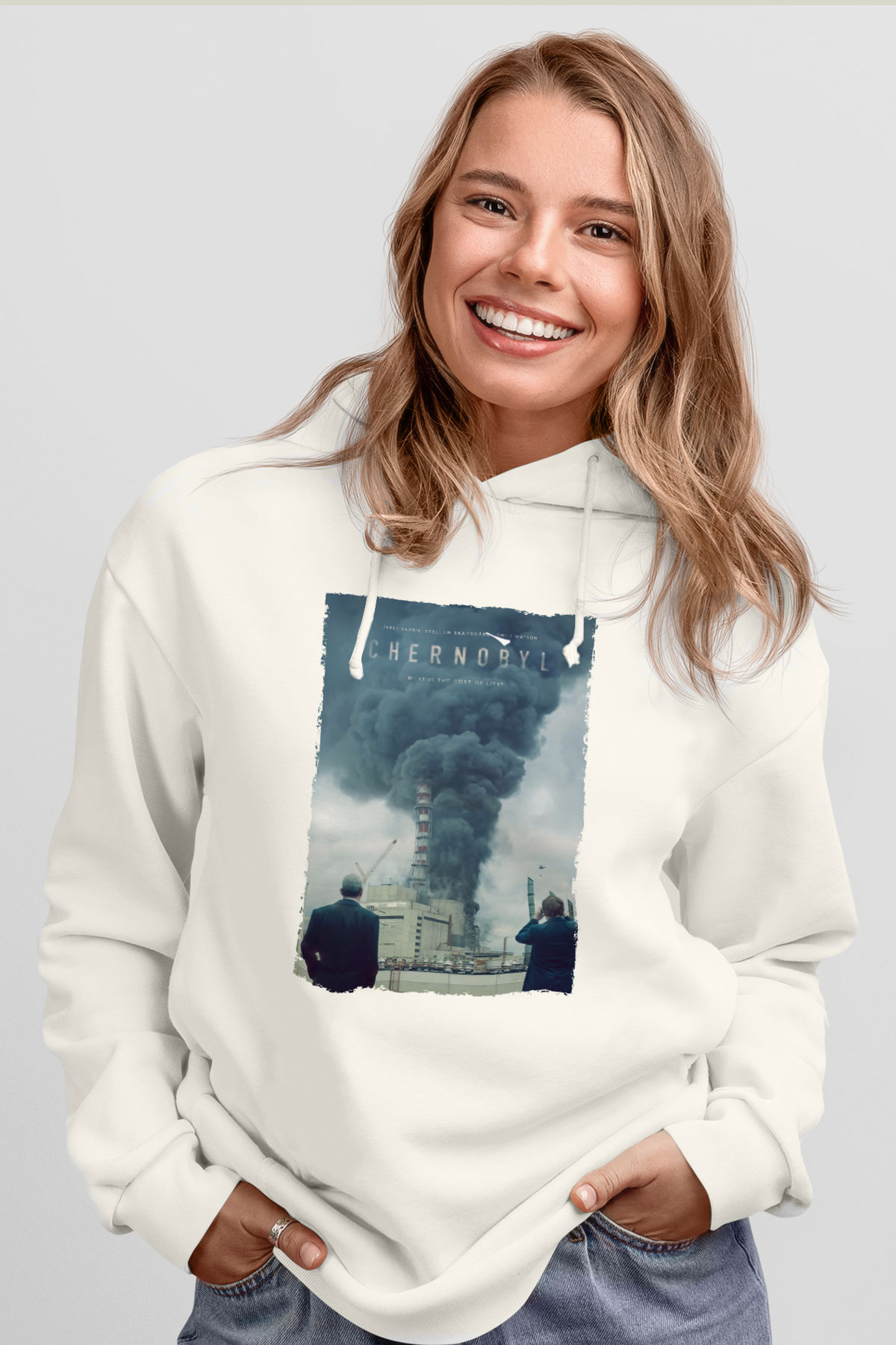 Unisex Chernobyl Baskılı Beyaz Kapüşonlu Sweatshirt