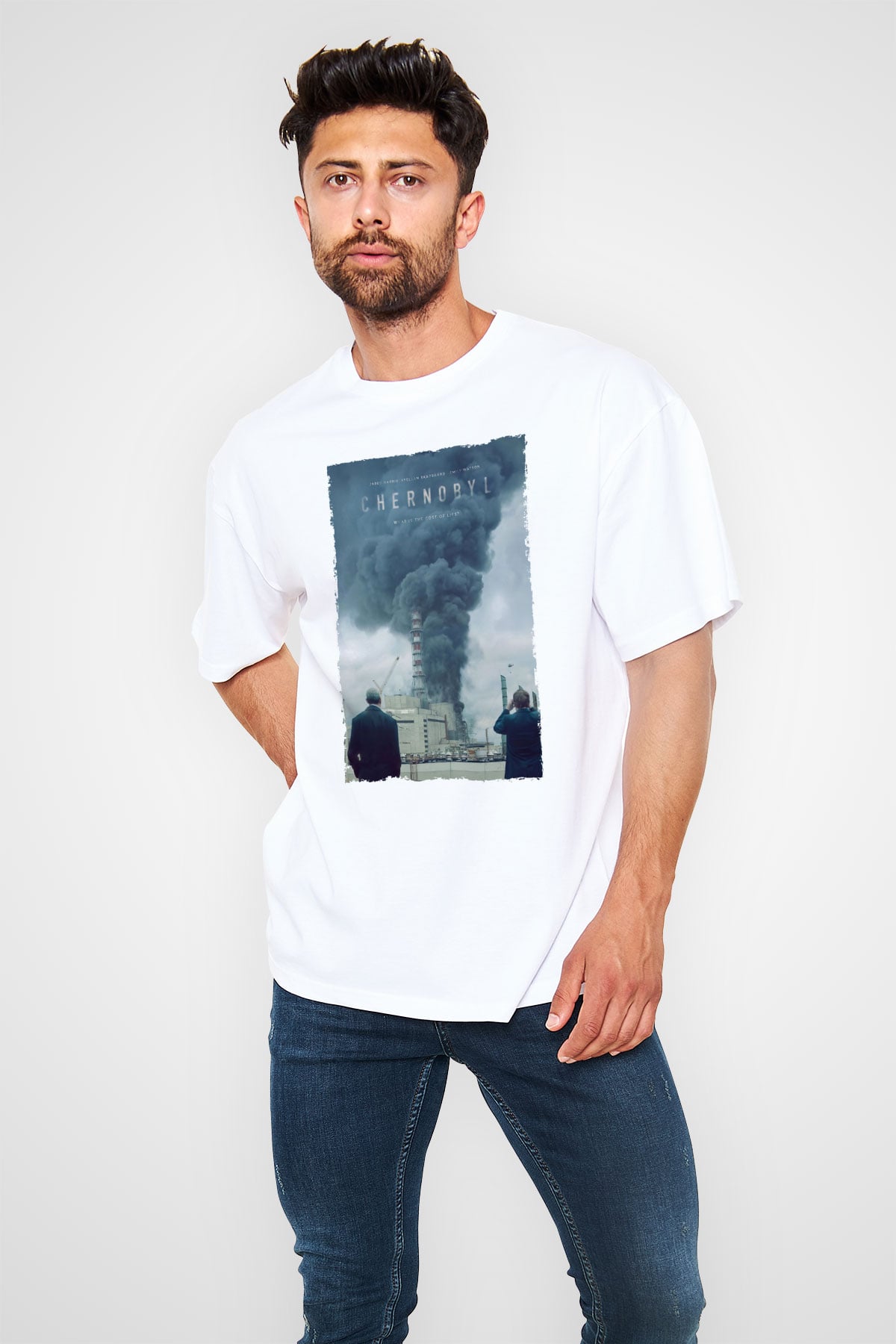 Unisex Chernobyl Baskılı Beyaz Oversize Tişört