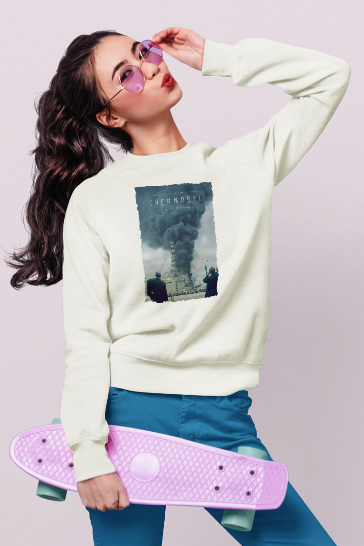 Unisex Chernobyl Baskılı Beyaz Sweatshirt