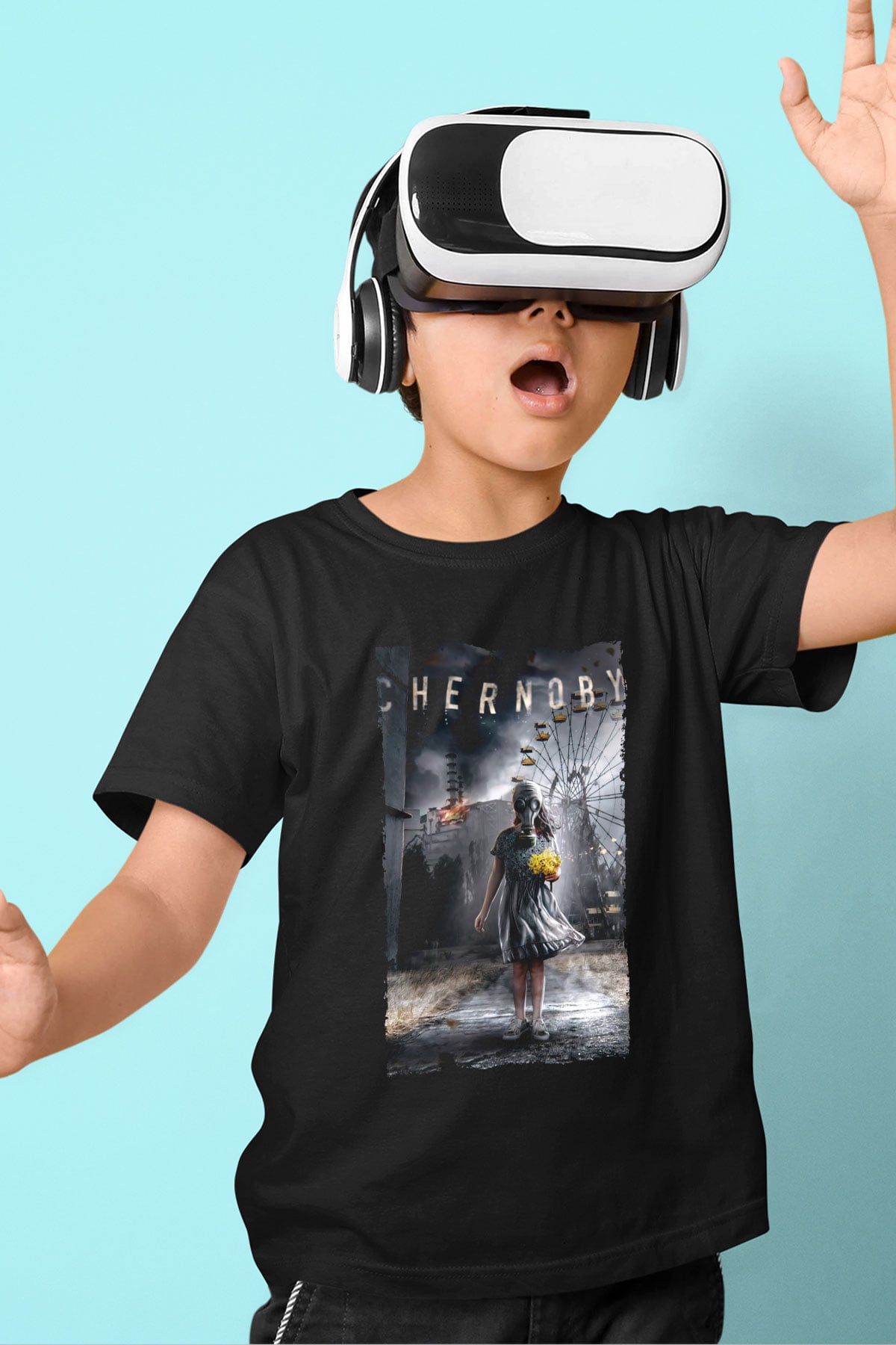Unisex Chernobyl Baskılı Siyah Çocuk T-shirt