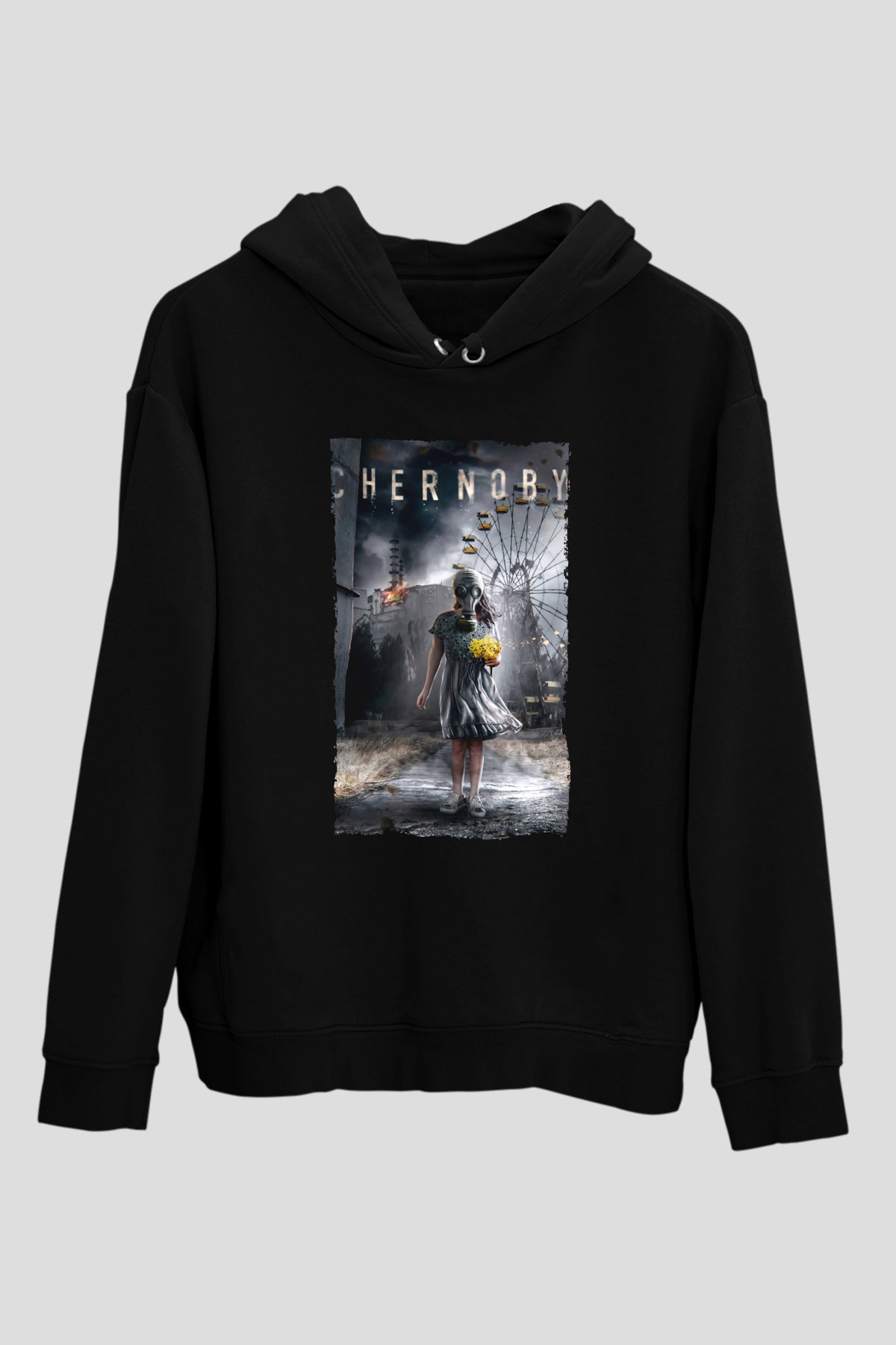 Unisex Chernobyl Baskılı Siyah Kapüşonlu Sweatshirt