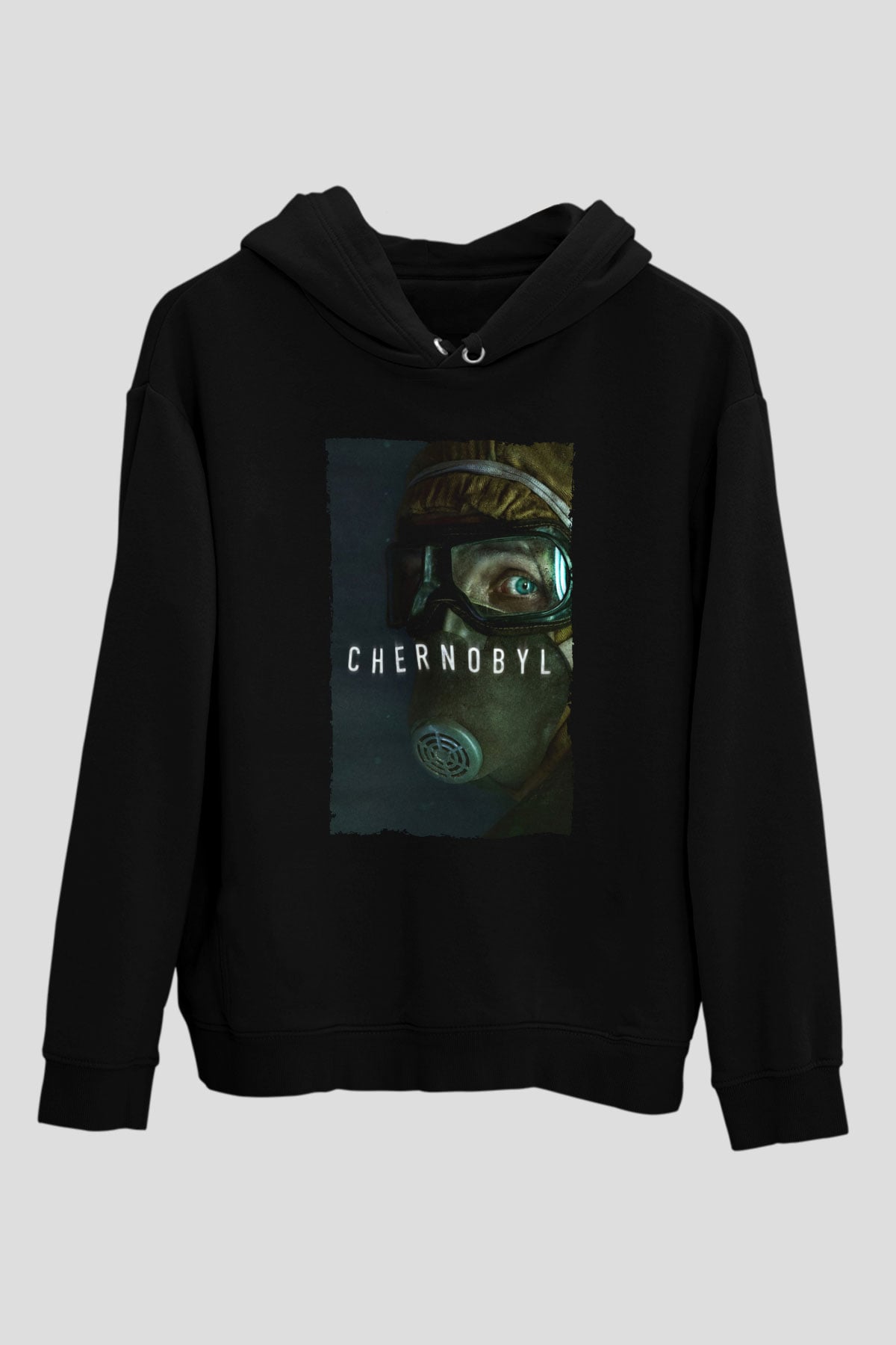 Unisex Chernobyl Baskılı Siyah Kapüşonlu Sweatshirt