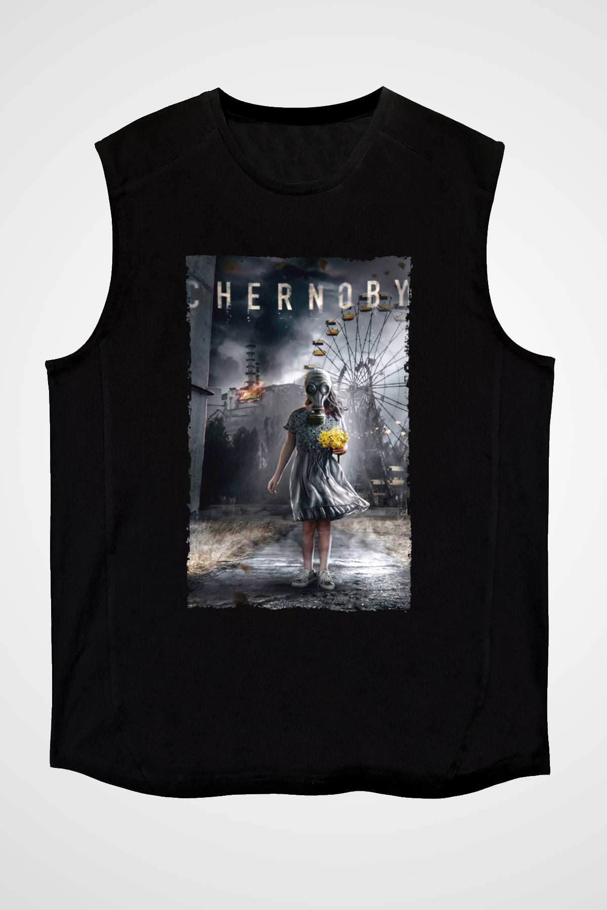 Unisex Chernobyl Baskılı Siyah Kolsuz T-shirt