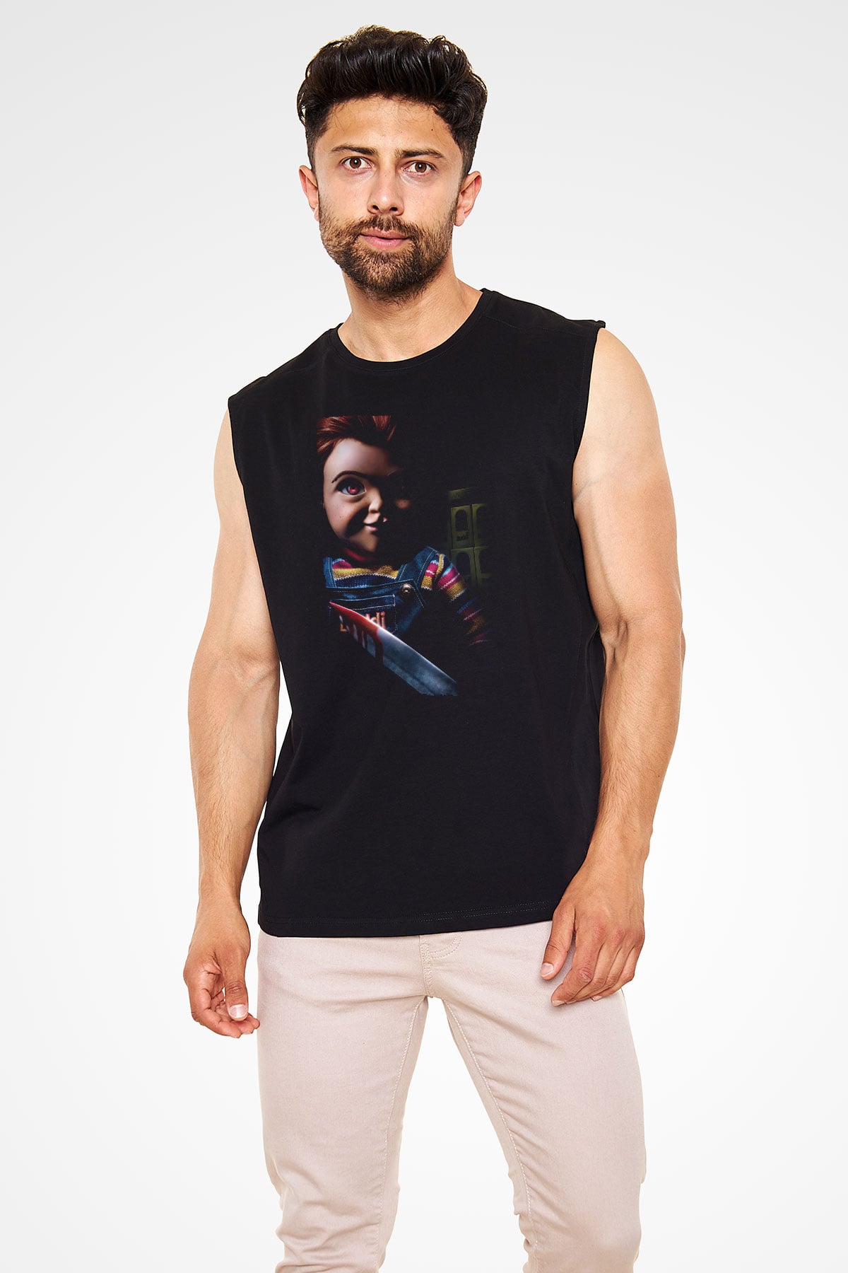 Unisex Chucky (Childs Play) Baskılı Siyah Kolsuz Tshirt