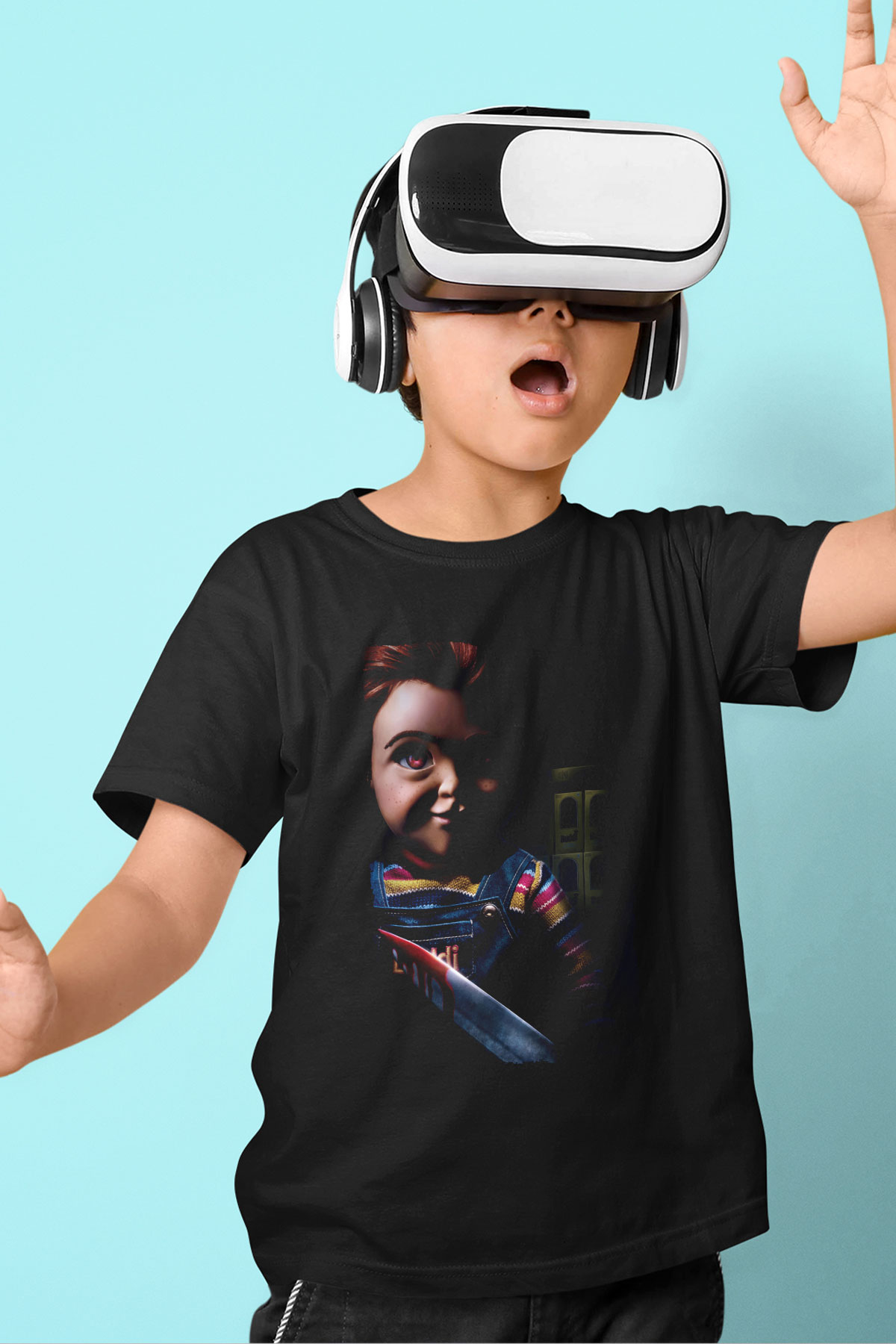 Unisex Chucky (Childs Play) Baskılı Siyah Çocuk Tshirt