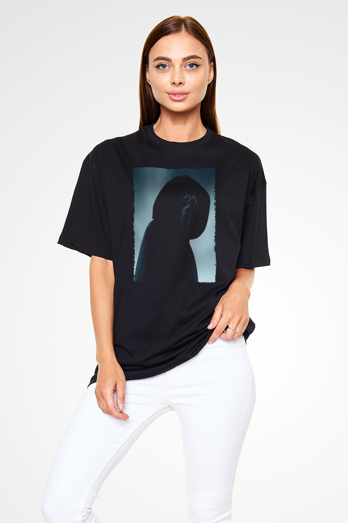 Unisex Çığlık (Scream) Baskılı Siyah Oversize Tshirt