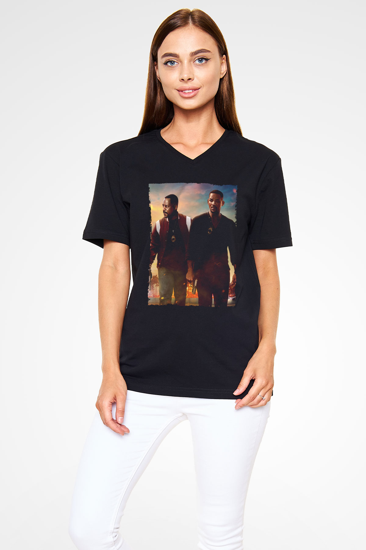 Unisex Çılgın İkili 3 (Bad Boys for Life) Baskılı Siyah V Yaka Tişört