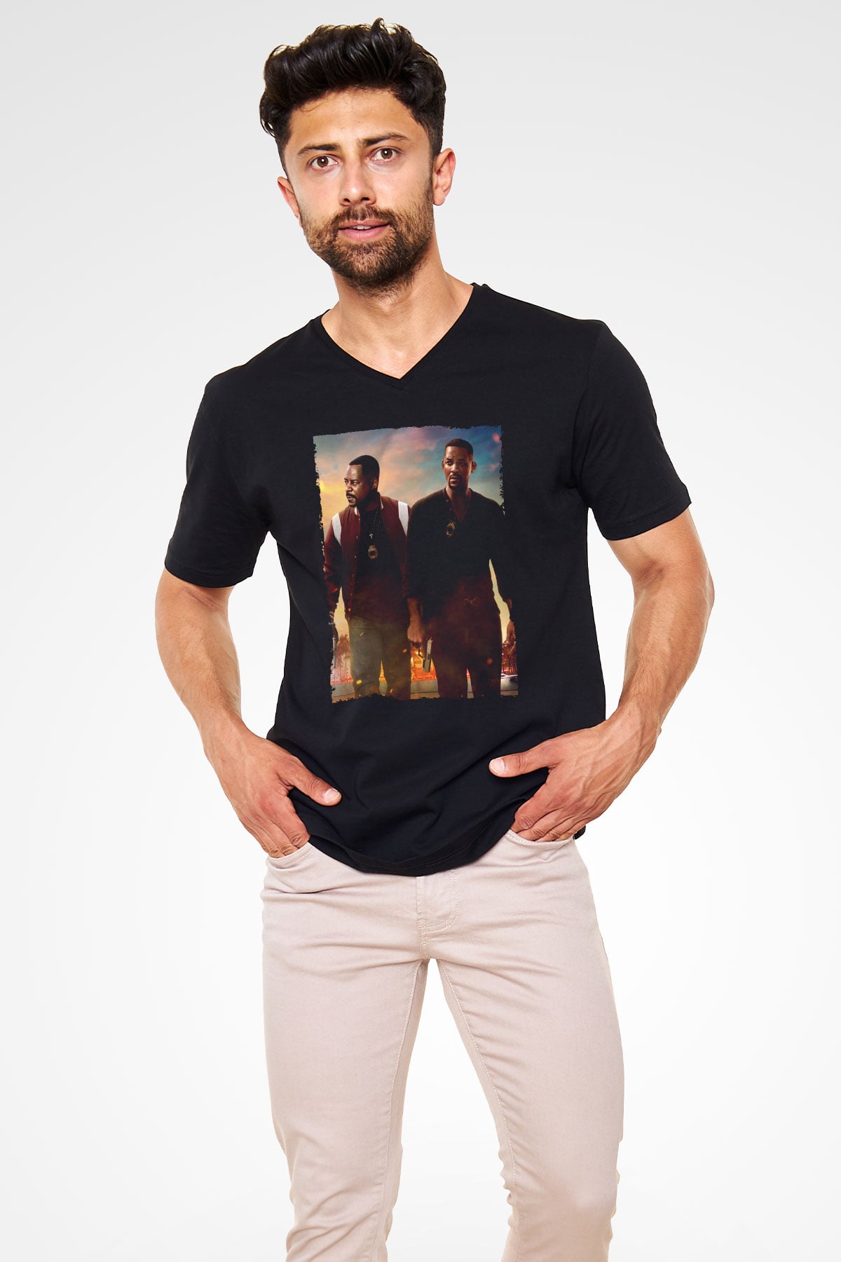 Unisex Çılgın İkili 3 (Bad Boys for Life) Baskılı Siyah V Yaka Tişört