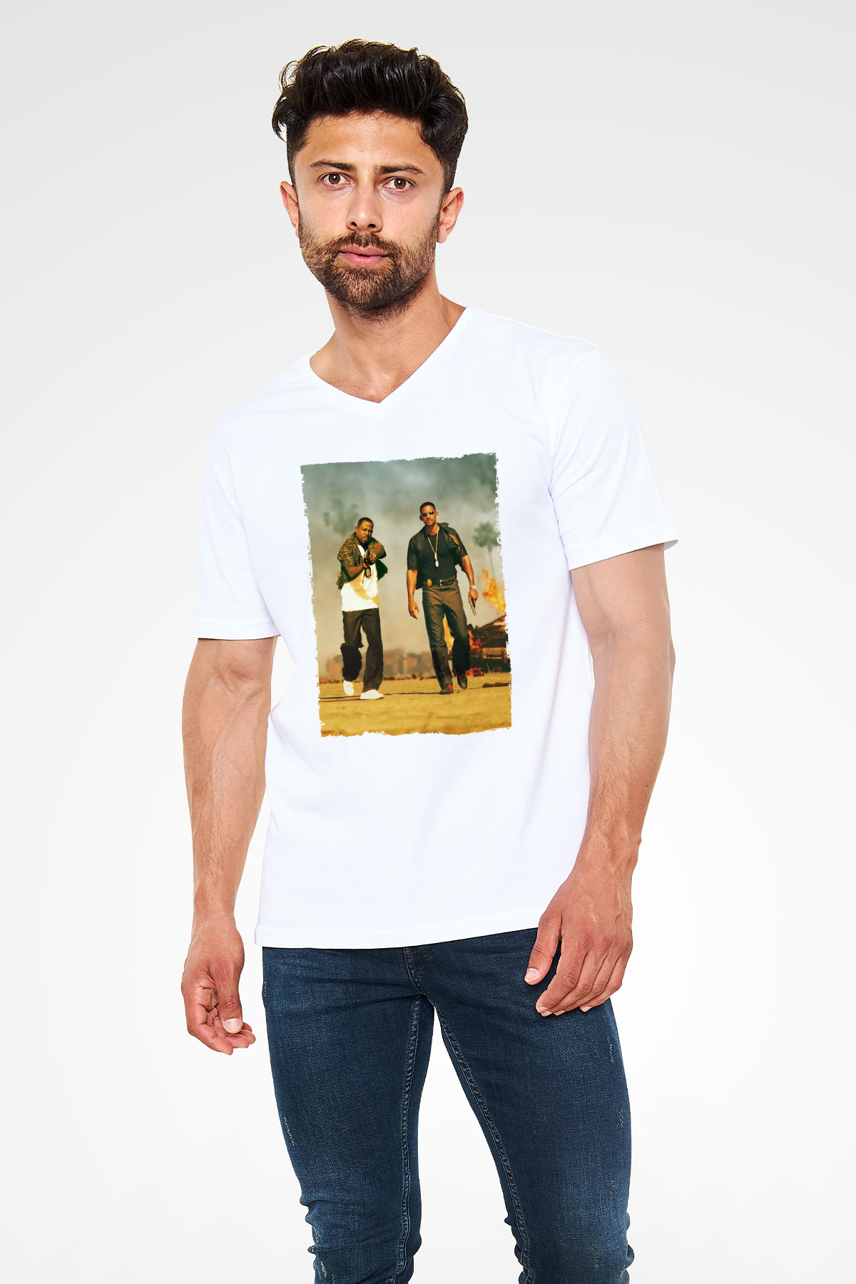Unisex Çılgın İkili - Bad Boys Baskılı Beyaz V Yaka Tshirt
