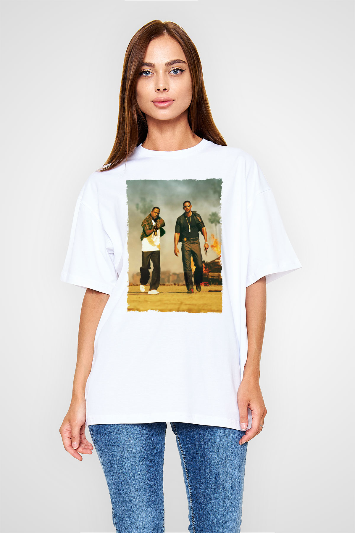 Unisex Çılgın İkili - Bad Boys Baskılı Beyaz Oversize Oversize T-shirt