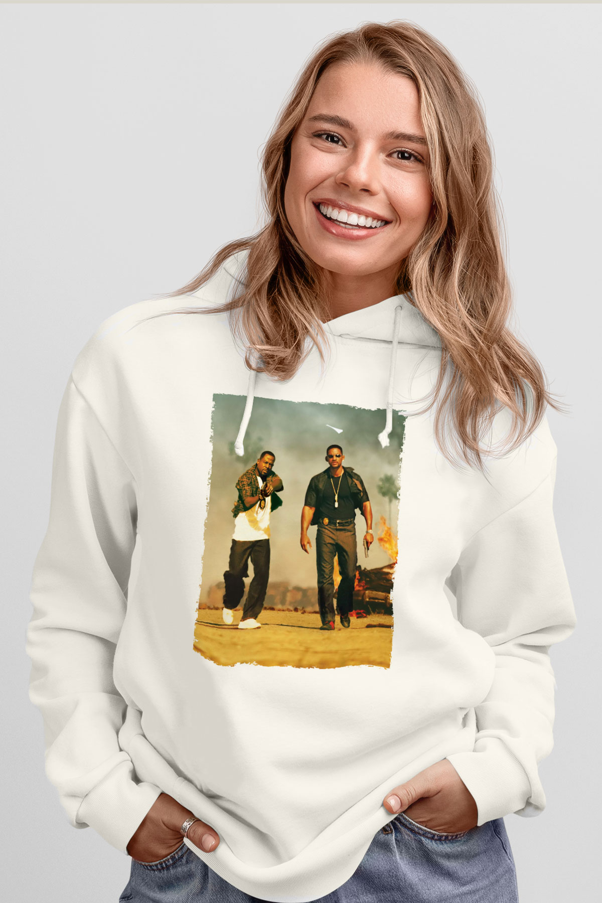 Unisex Çılgın İkili - Bad Boys Baskılı Beyaz Kapüşonlu Sweatshirt