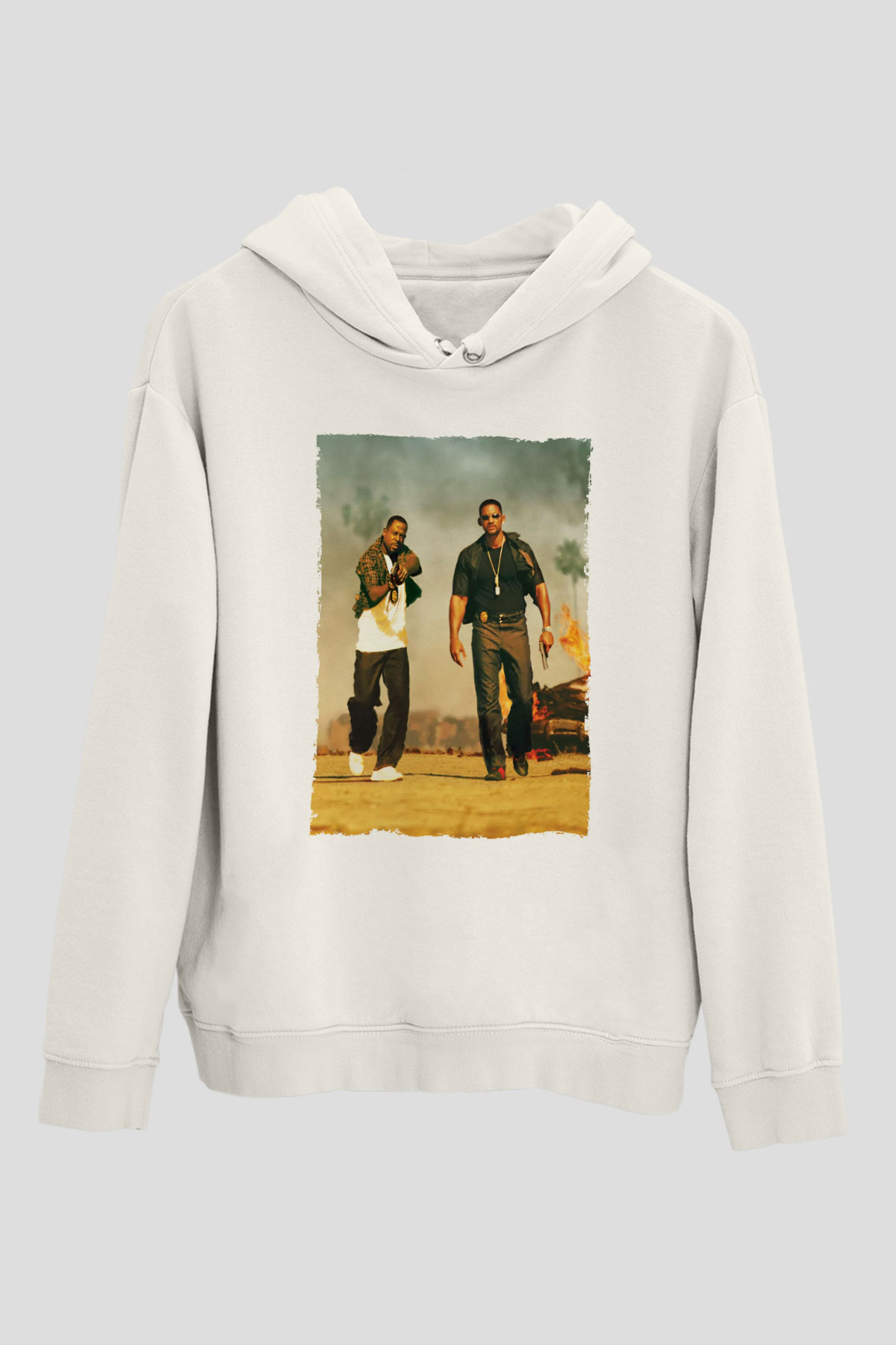 Unisex Çılgın İkili - Bad Boys Baskılı Beyaz Kapüşonlu Sweatshirt