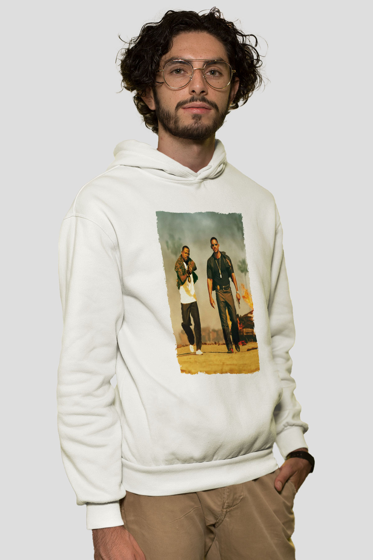Unisex Çılgın İkili - Bad Boys Baskılı Beyaz Kapüşonlu Sweatshirt