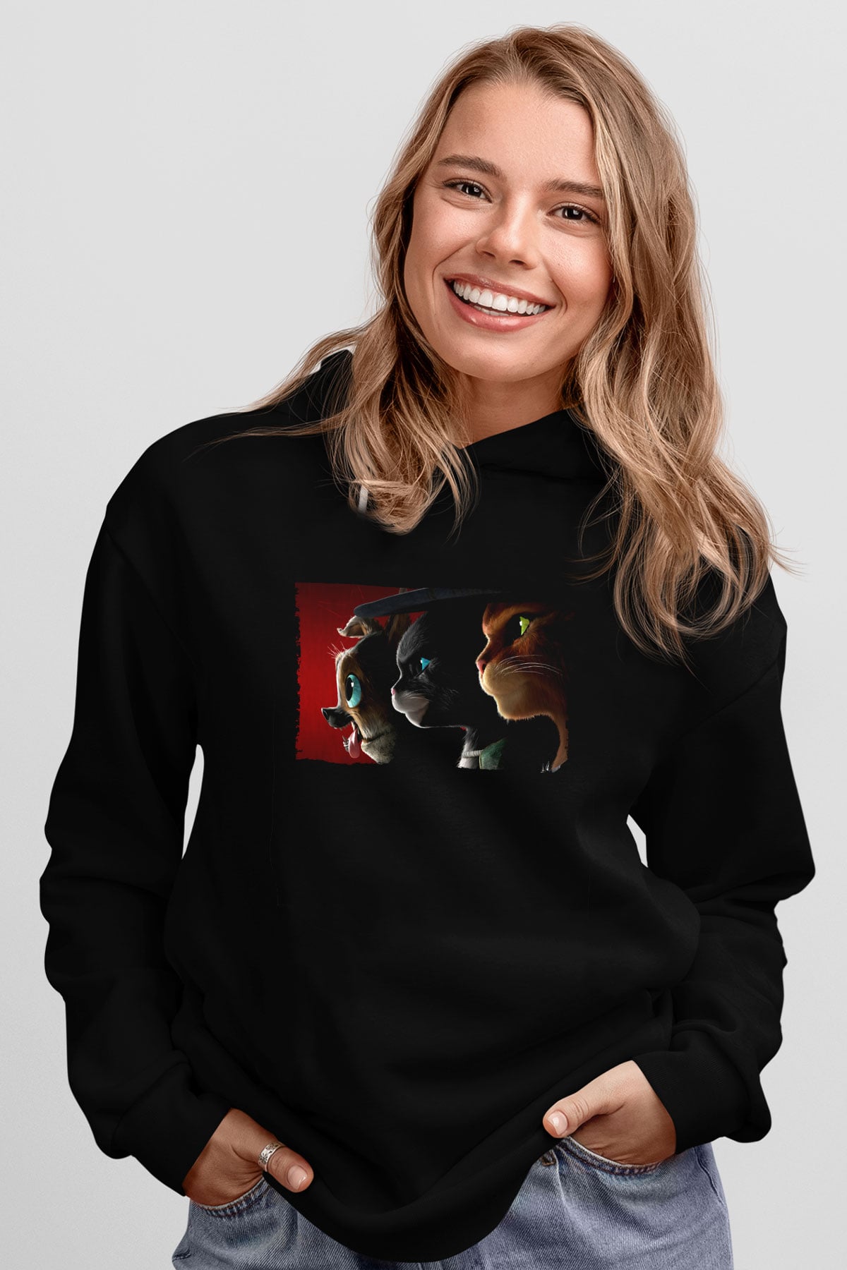 Unisex Çizmeli Kedi (Puss in Boots) Baskılı Siyah Kapüşonlu Sweatshirt