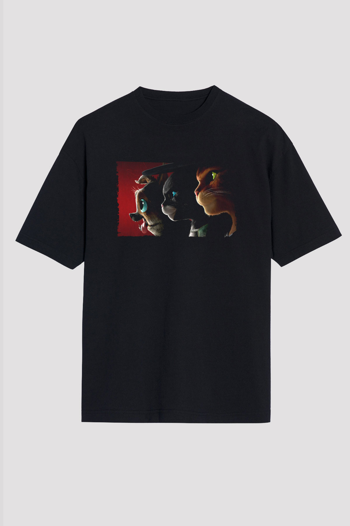 Unisex Çizmeli Kedi (Puss in Boots) Baskılı Siyah Oversize T-shirt