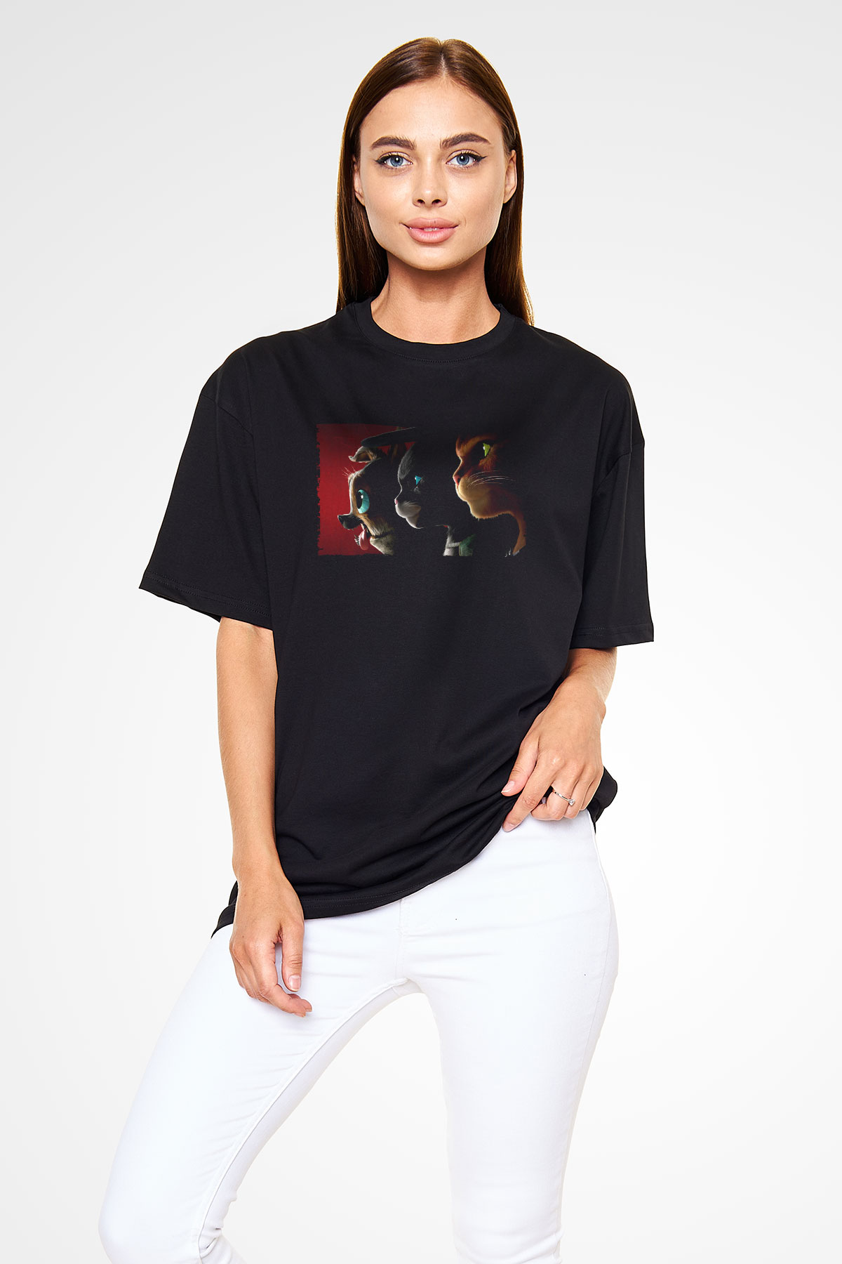 Unisex Çizmeli Kedi (Puss in Boots) Baskılı Siyah Oversize T-shirt