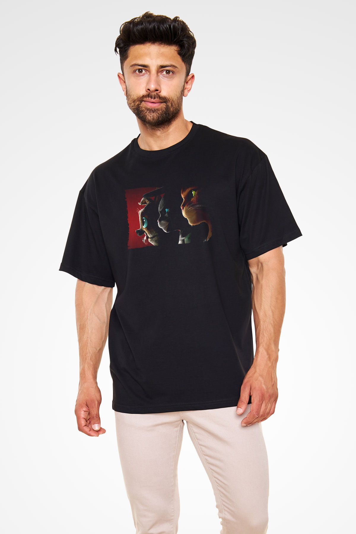 Unisex Çizmeli Kedi (Puss in Boots) Baskılı Siyah Oversize T-shirt