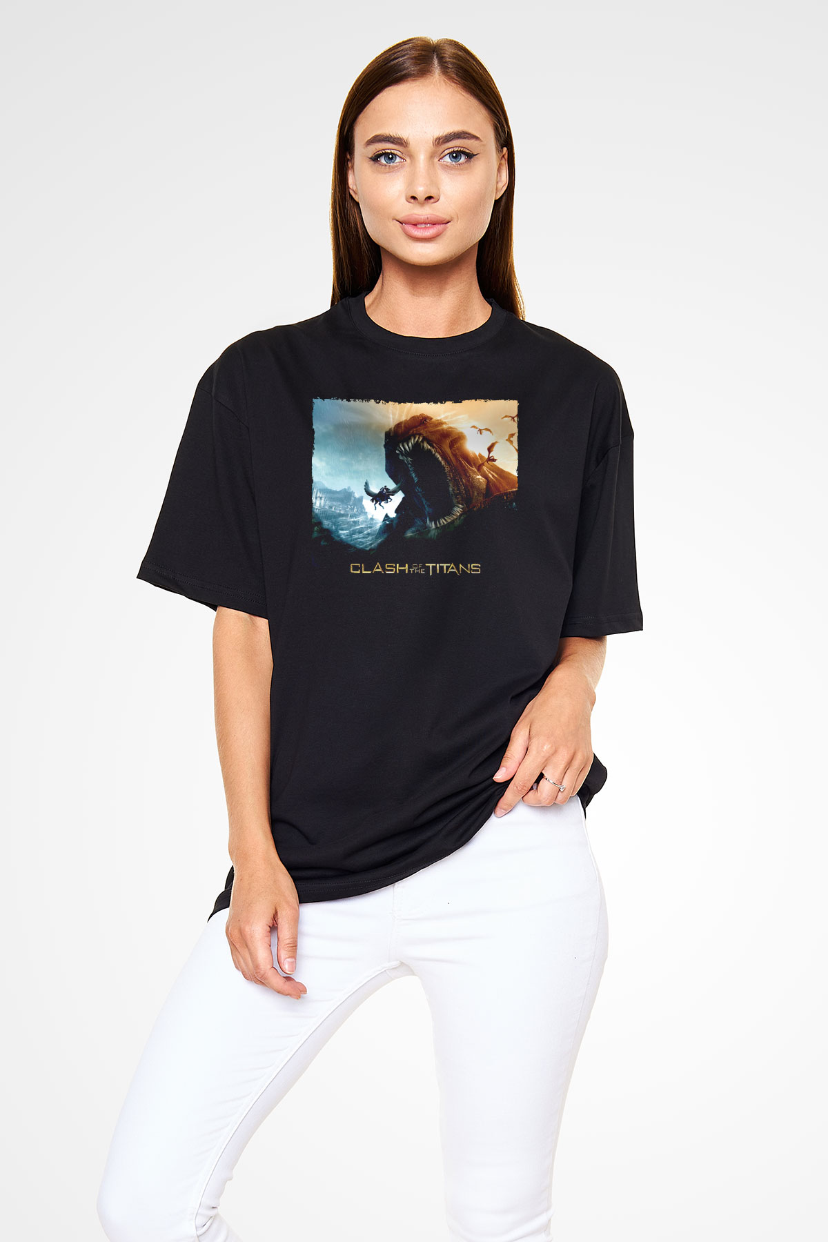Unisex Clash of the Titans Baskılı Siyah Unisex Oversize Tshirt