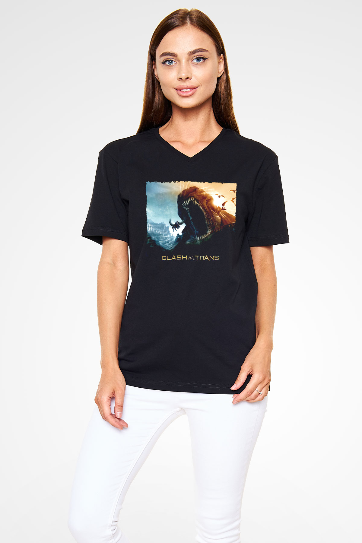 Unisex Clash of the Titans Baskılı Siyah Unisex V Yaka Tshirt