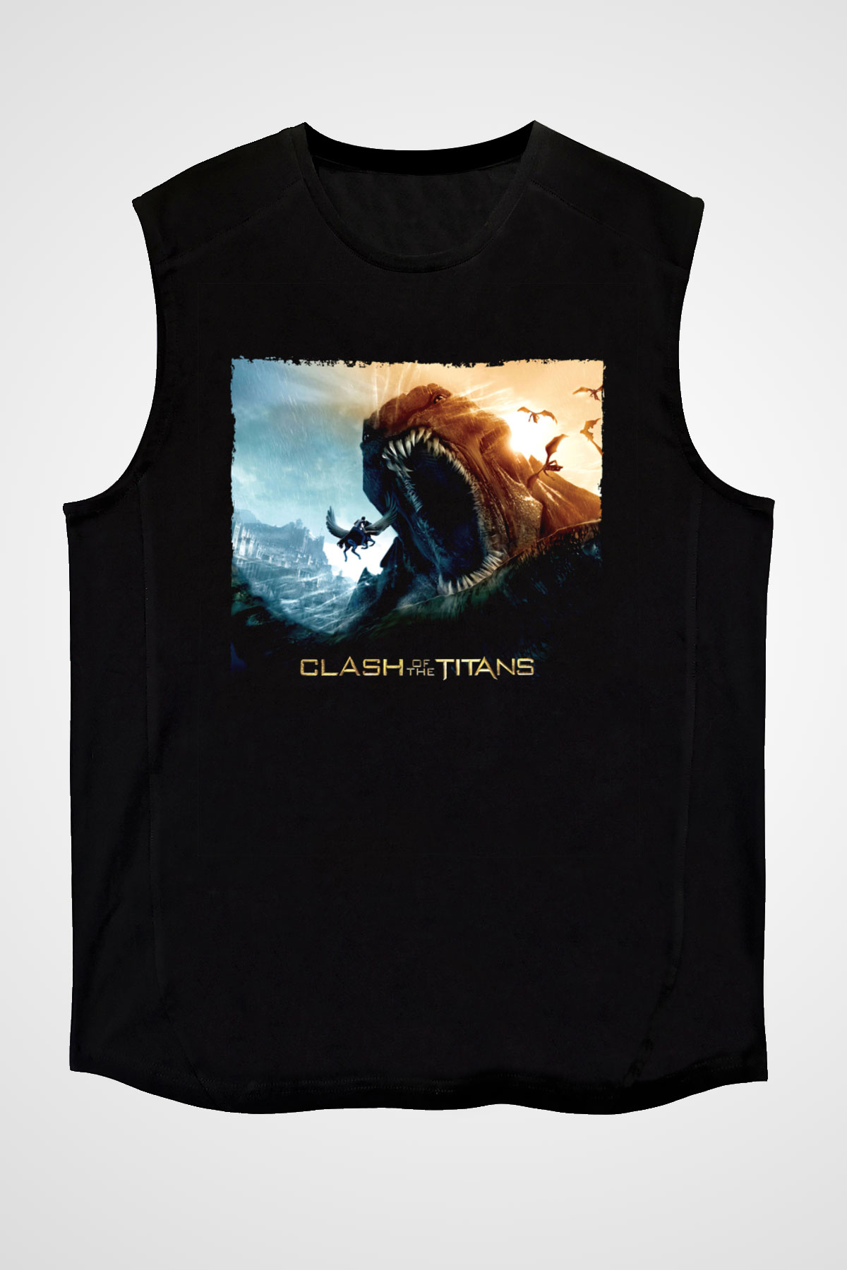 Unisex Clash of the Titans Baskılı Siyah Unisex Kolsuz Tshirt